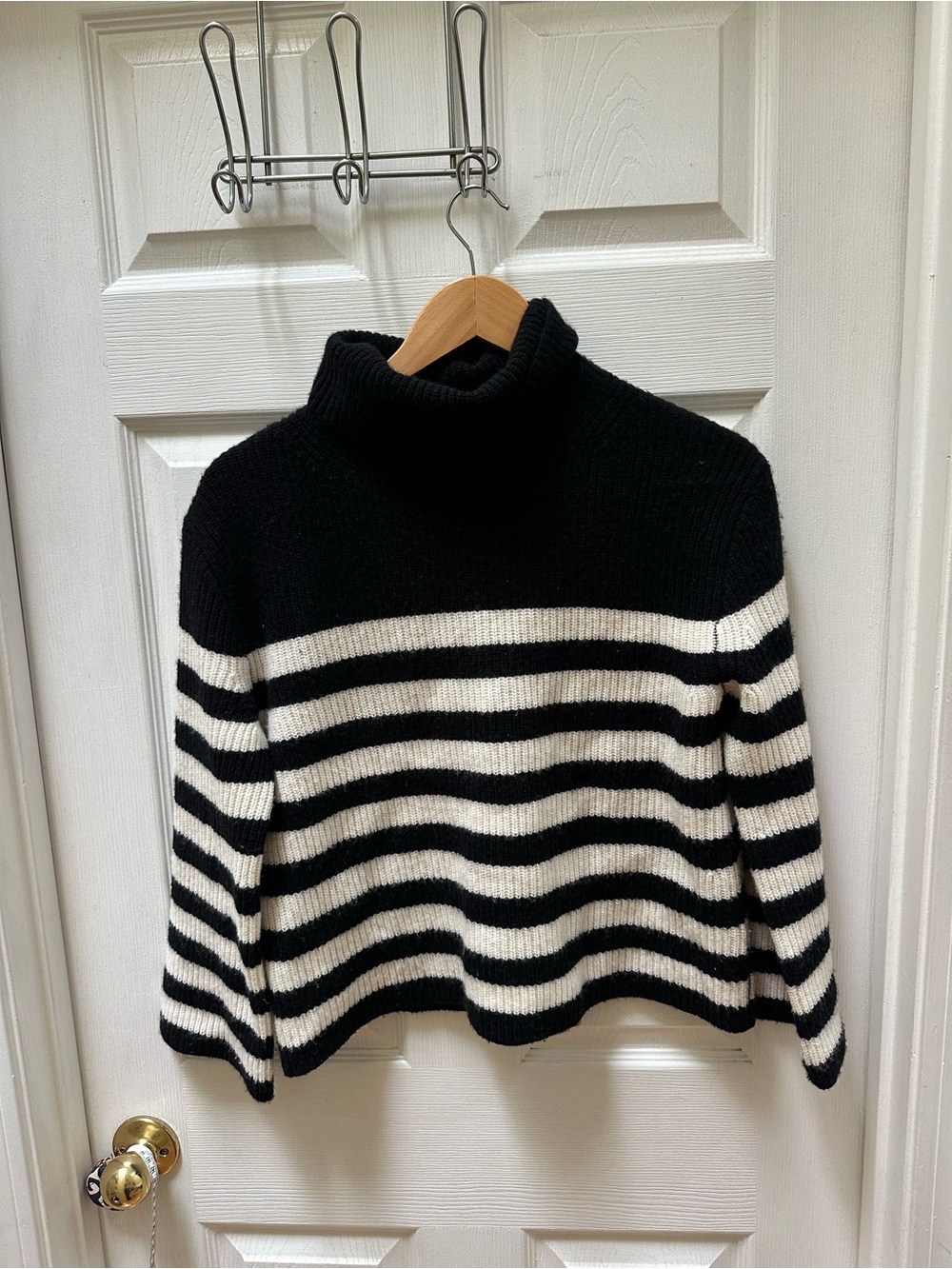 J Crew Black & White Striped Turtleneck Sweater wool cashmere cropped
